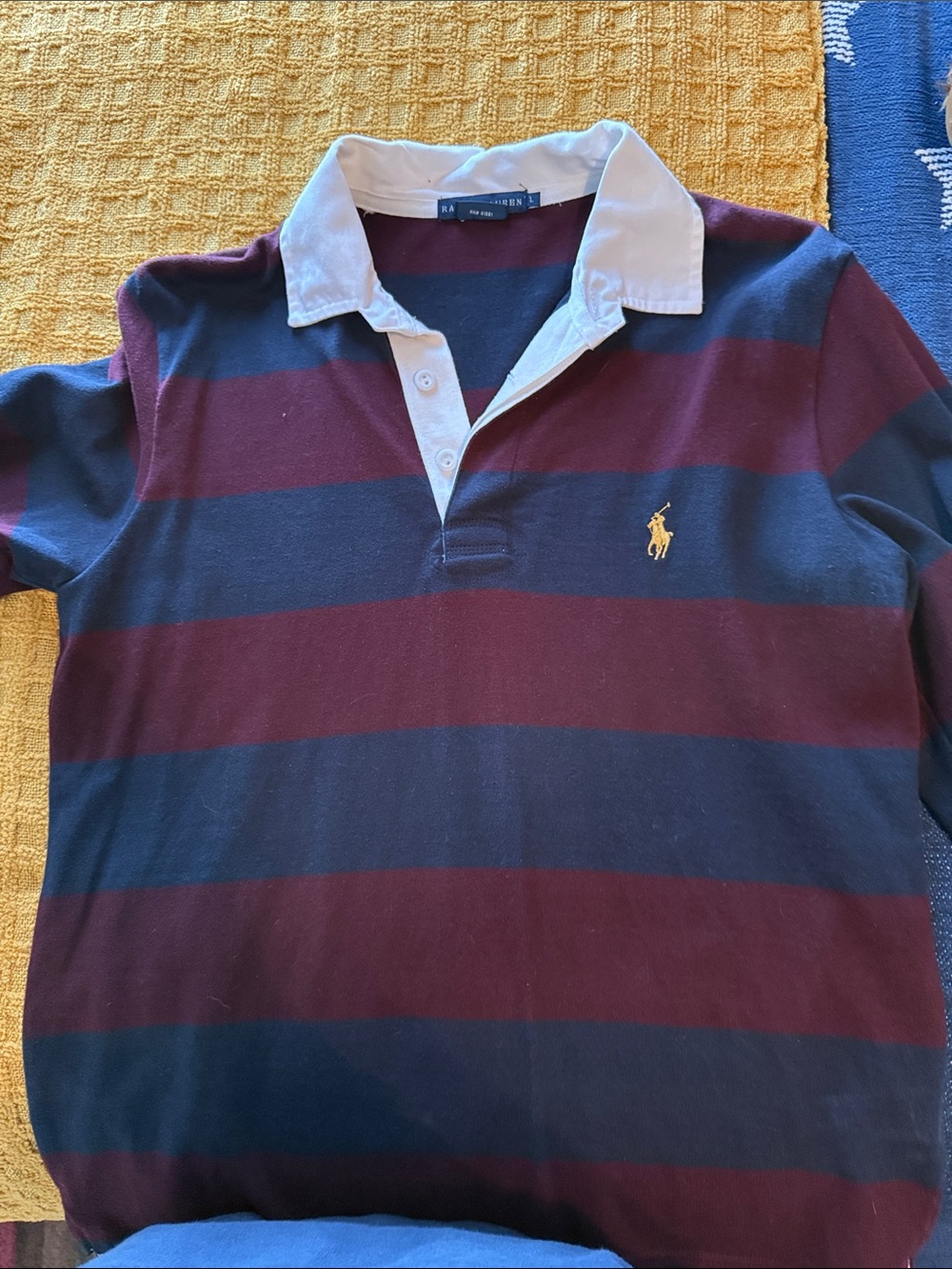 Ralph Lauren Striped Rugby Polo in Navy & Burgundy with White Collar